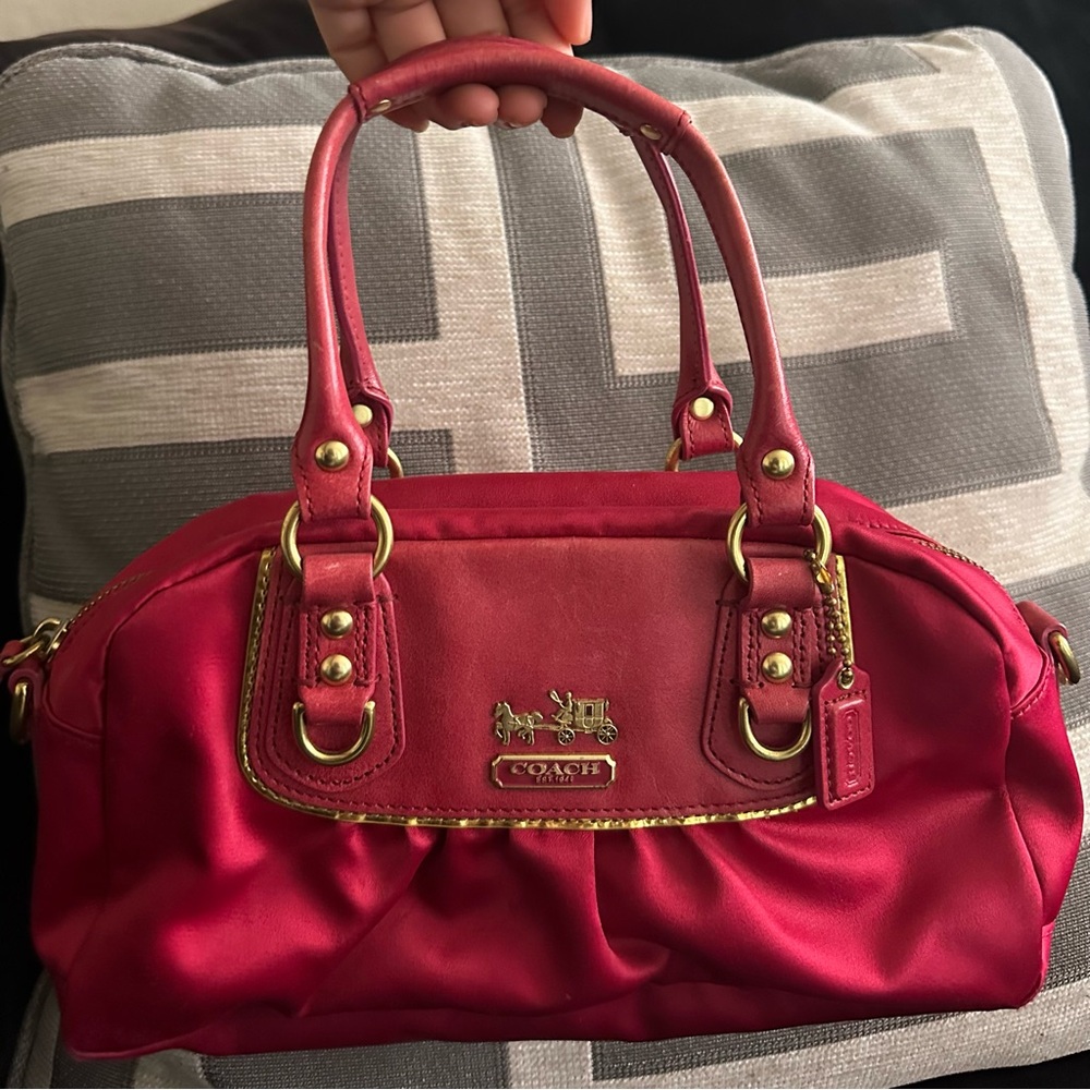 Hot Pink Satin Coach Bag With Orange Interior